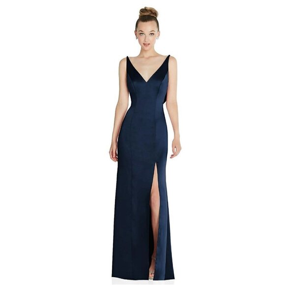 New After Six Size 12 Draped Cowl-Back Princess Line Dress Front Slit Midnight - Picture 1 of 14